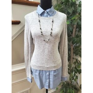 LOFT Womems Gray Solid Cotton Long Sleeve Collared Casual Sweater Size Medium